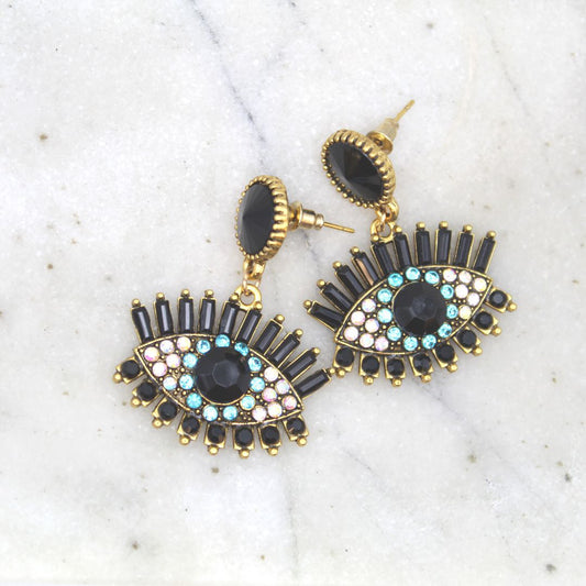 Black Gem Evil Eye Earrings