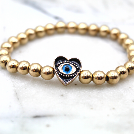 Black Heart Evil Eye Gold Beaded Bracelet