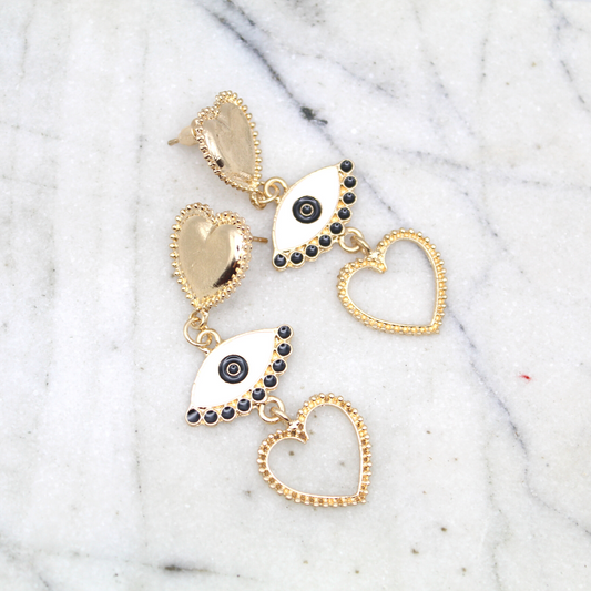 Golden Hearts Evil Eye Earrings