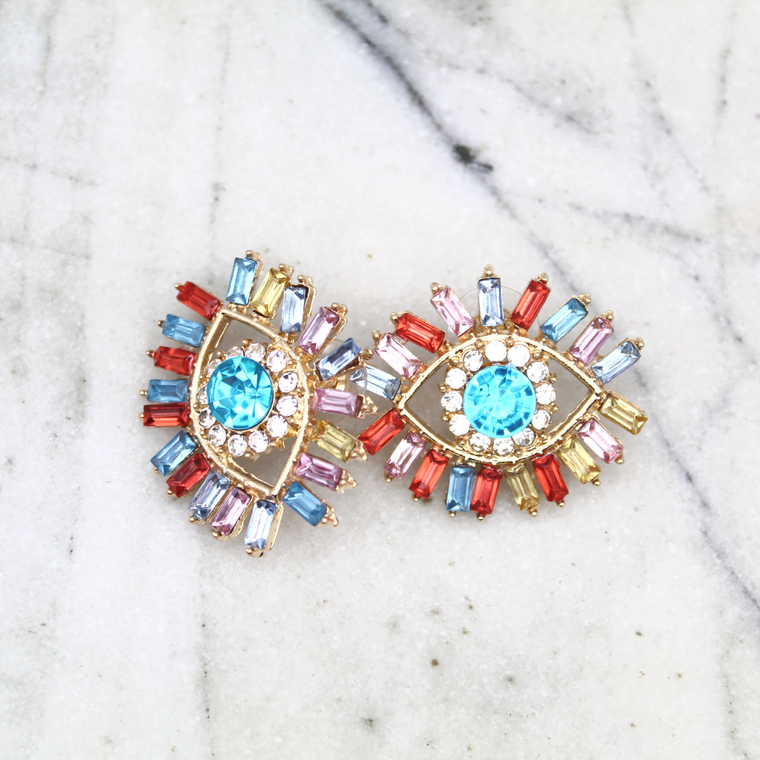 Rainbow Jeweled Evil Eye Earrings
