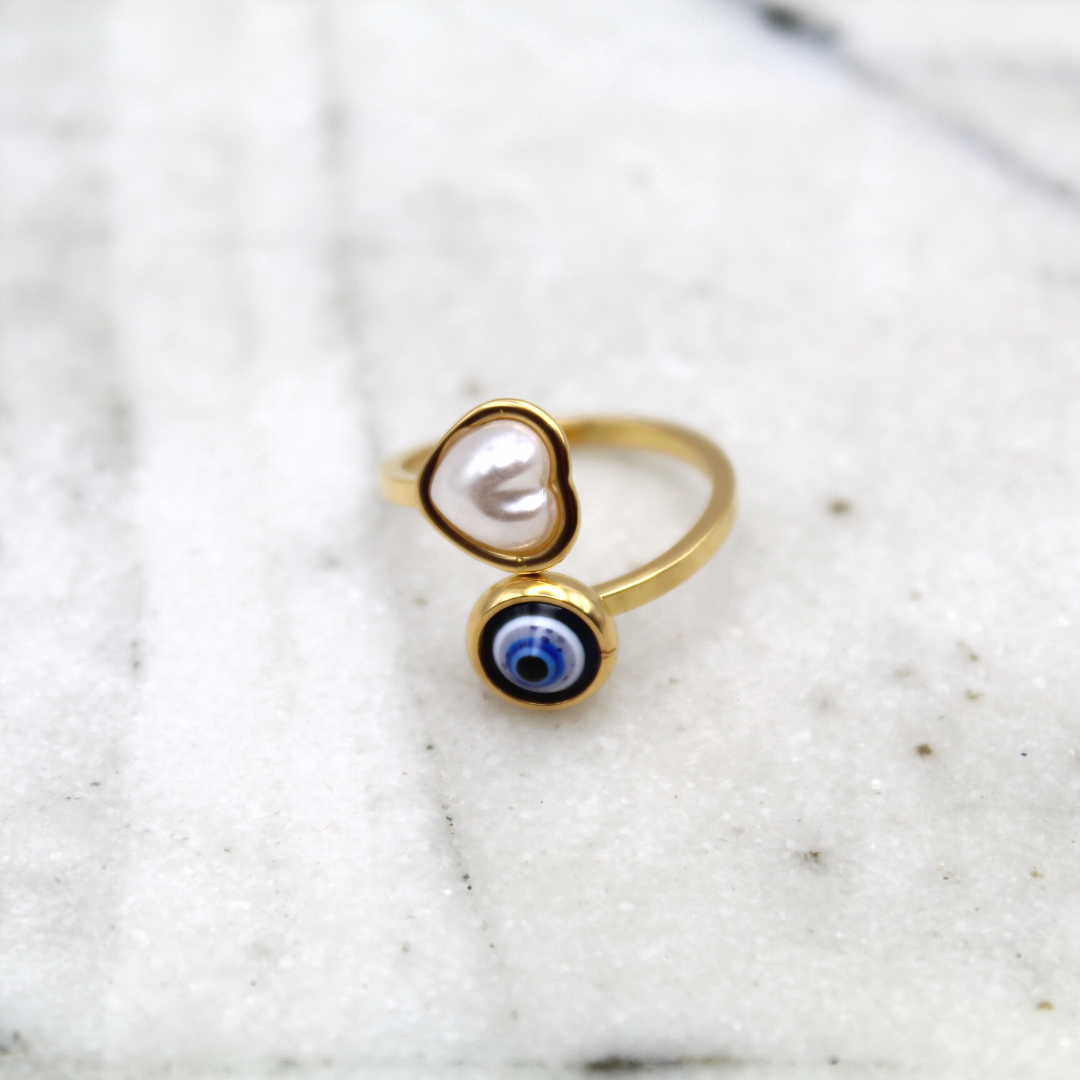Twisted Pearl Heart Evil Eye Ring