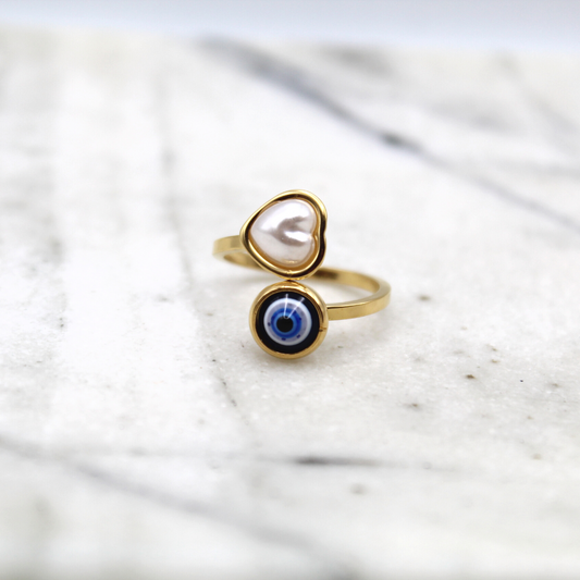 Twisted Pearl Heart Evil Eye Ring